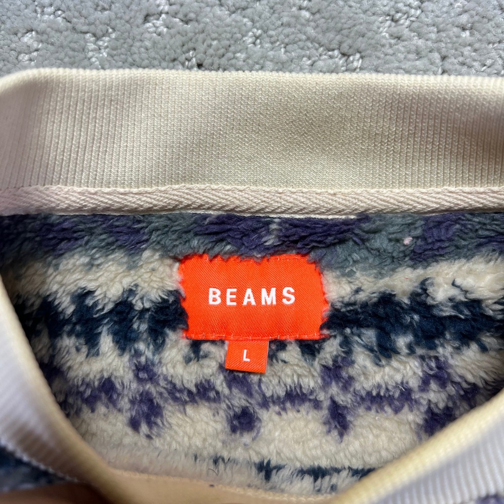 Beams Fleece Pullover Sweater Size Large Nordic Fair Isle Striped Crewneck Japan - Picture 7 of 14
